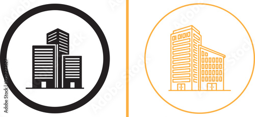 Two circular icons featuring stylized office buildings. The left is a solid black silhouette; the right is an orange linear outline. Modern, minimalist vector design for business.
