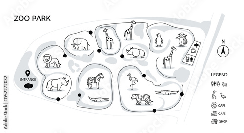 A black and white illustration of a zoo park map with various animal enclosures and attractions, Generative AI.