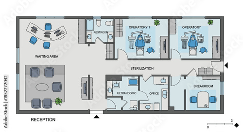 A detailed floor plan of a modern office building with various rooms and facilities, Generative AI.