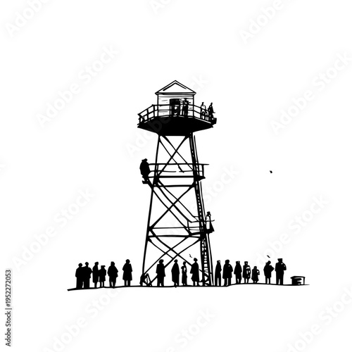 Silhouette of a tall industrial observation tower with a group of people standing at the base and climbing the structure in a minimalist black and white line art style