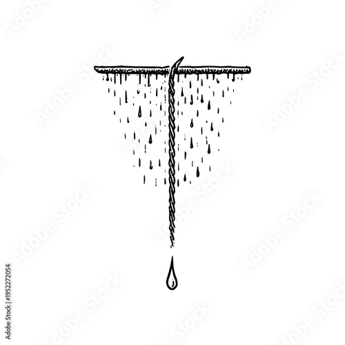 Minimalist hand drawn ink illustration of a single dripping string hanging from a horizontal bar creating a melancholic concept of sadness and emotional release isolated