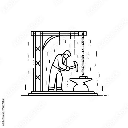 Black and white line art illustration of a skilled blacksmith working with a hammer and anvil inside a workshop setting for industrial and traditional craftsmanship themes
