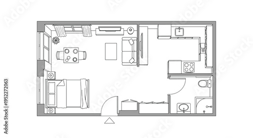 A detailed floor plan of a small apartment with furniture and layout, Generative AI.