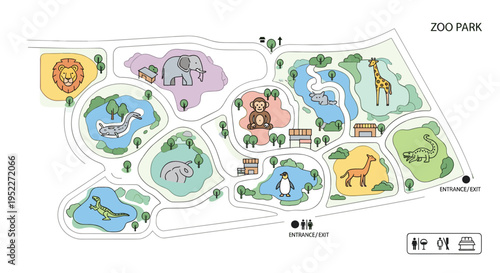 A colorful map of a zoo park with various animal enclosures and attractions, Generative AI.