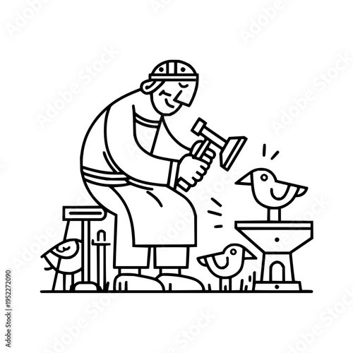 Artisan craftsman sculpting bird figurines with hammer and anvil in a creative workshop setting depicted in a minimalist linear black and white graphic illustration style