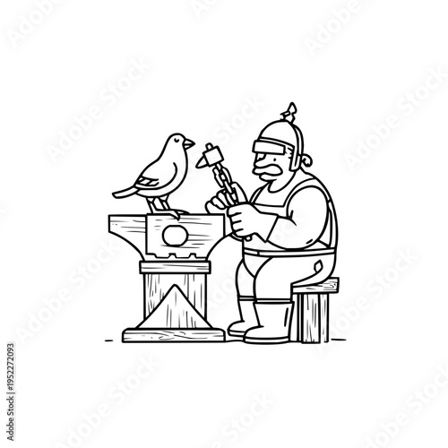 A skilled blacksmith working at an anvil with a small bird perched nearby in a charming hand drawn line art illustration featuring traditional metalworking craftsmanship