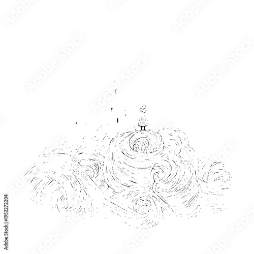 Minimalist line art illustration of a tiny lone figure standing atop a swirling hillside under falling raindrops creating a melancholic and contemplative atmosphere