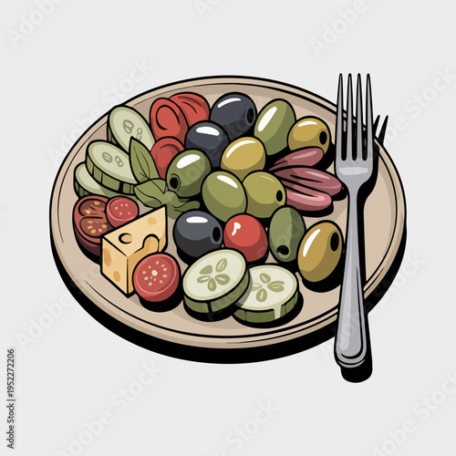 Mediterranean Antipasto Plate with Mixed Olives Feta Cheese and Fresh Vegetables