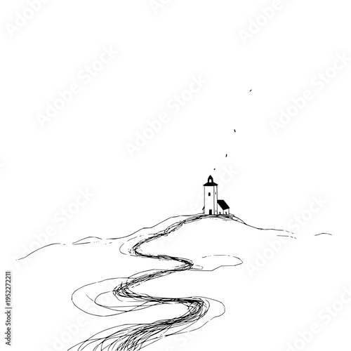 Minimalist line art drawing of a lonely church building situated on a rolling hilltop with a winding path leading to the entrance under a vast empty white background