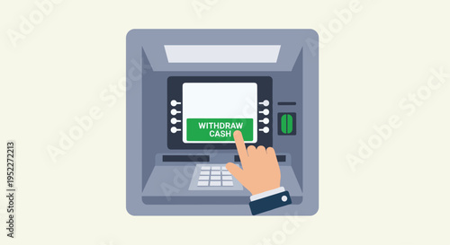 An illustration of a hand pressing a button on an atm machine to withdraw cash from a bank account, Generative AI.