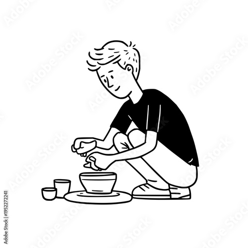 Young man sculpting clay bowl on pottery wheel in minimalist line art style focusing on artistic craftsmanship and creative hobby workshop activity in black and white