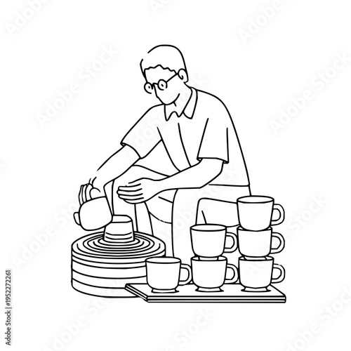 Skilled artisan potter shaping clay mugs on a spinning wheel in a workshop studio setting featuring minimalist black outline illustration style for creative craft projects