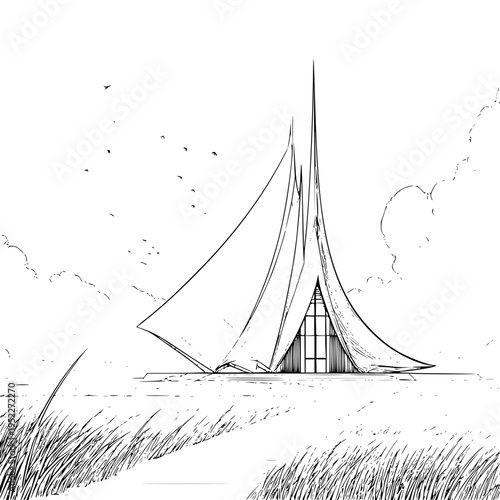Minimalist architectural line drawing of a modern sharp pointed chapel building situated in a serene grassy field with soft clouds floating in a bright clear sky background