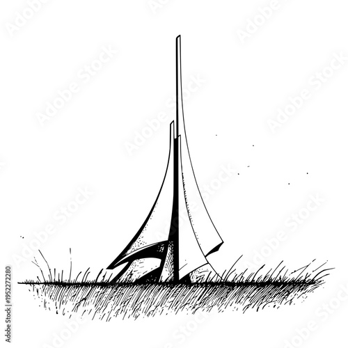 Minimalist abstract sculpture standing in grassy field hand drawn ink illustration featuring sharp geometric forms and elegant vertical lines for artistic concept design