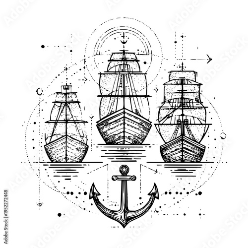Vintage hand drawn three sailing ships and nautical anchor illustration featuring intricate geometric lines and technical sketch details on a clean minimalist white background