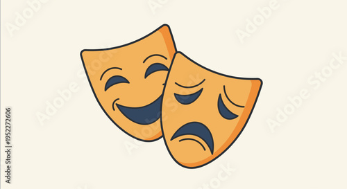 Comedy and tragedy masks in a colorful illustration representing theater and performance arts with a beige background, Generative AI.