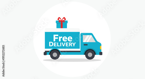 A graphic illustration of a blue delivery truck with a gift on top and free delivery text on the side in a white circle, Generative AI.