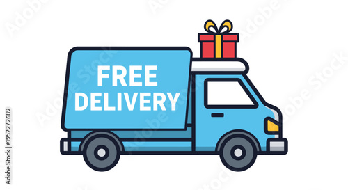 A blue delivery truck with a gift on top and free delivery written on the side, Generative AI.