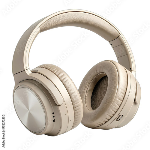 A sleek pair of cream-colored wireless over-ear headphones are showcased on a stark black background.