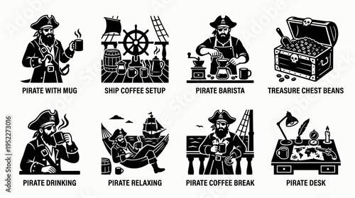 Pirate Coffee Shop Vector Icon Set – Nautical Vectors Featuring Mug-Holding Buccaneers, Ship Café Setups, Treasure Bean Chests, Coffee Breaks, and Swashbuckling Baristas
