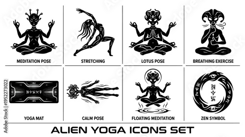 Alien Yoga & Meditation Vector Icon Set – Whimsical Vectors Featuring Extraterrestrial Lotus Poses, Floating Zen, Cosmic Breathing, UFO Mats, and Interstellar Mindfulness