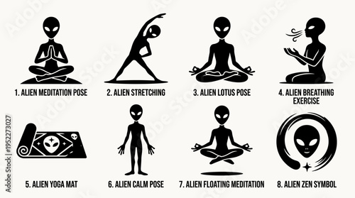 Alien Yoga & Meditation Vector Icon Set – Whimsical Vectors Featuring Extraterrestrial Lotus Poses, Floating Zen, Cosmic Breathing, UFO Mats, and Interstellar Mindfulness