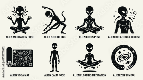 Alien Yoga & Meditation Vector Icon Set – Whimsical Vectors Featuring Extraterrestrial Lotus Poses, Floating Zen, Cosmic Breathing, UFO Mats, and Interstellar Mindfulness