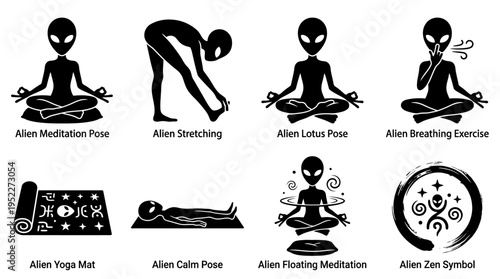 Alien Yoga & Meditation Vector Icon Set – Whimsical Vectors Featuring Extraterrestrial Lotus Poses, Floating Zen, Cosmic Breathing, UFO Mats, and Interstellar Mindfulness