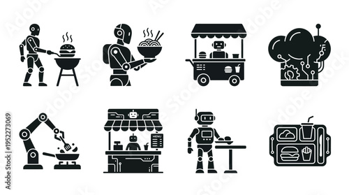 Robot Street Food Vendor Vector Icon Set – Techy Vectors Featuring AI Chefs, Automated Carts, Cyber Cooking Arms, Digital Menus, and Futuristic Snack Stations