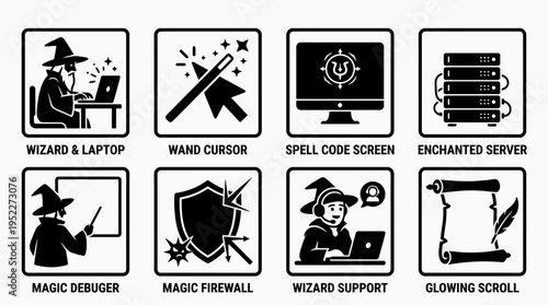 Wizard Coding & Tech Support Vector Icon Set – Magical Vectors Featuring Spell Screens, Enchanted Servers, Wand Cursors, Debugging Wizards, Firewall Shields, and Glowing Code Scrolls