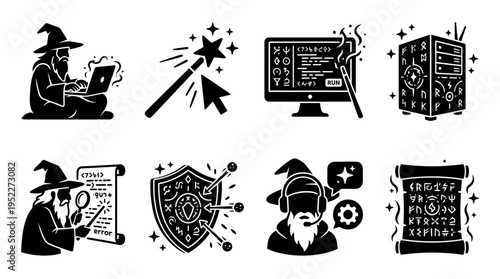 Wizard Coding & Tech Support Vector Icon Set – Magical Vectors Featuring Spell Screens, Enchanted Servers, Wand Cursors, Debugging Wizards, Firewall Shields, and Glowing Code Scrolls