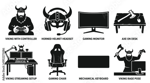 Viking Gamer Lifestyle Vector Icon Set – Epic Vectors Featuring Horned Headsets, Battle Keyboards, Streaming Thrones, Axe Desks, Gaming Chairs, and Norse Console Warriors