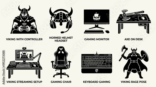 Viking Gamer Lifestyle Vector Icon Set – Epic Vectors Featuring Horned Headsets, Battle Keyboards, Streaming Thrones, Axe Desks, Gaming Chairs, and Norse Console Warriors