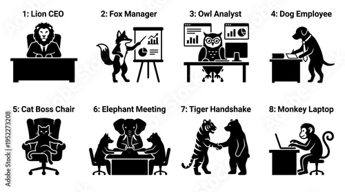 Animal Business Team Vector Icon Set – Fun Vectors Featuring Lion Leaders, Fox Presenters, Owl Analysts, Dog Coders, Cat CEOs, Monkey Developers, and Tiger Handshakes