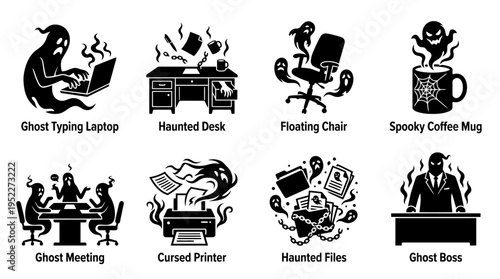 Haunted Office Vector Icon Set – Creepy Vectors Featuring Ghost Typing, Floating Chairs, Spooky Coffee Mugs, Cursed Printers, Haunted Files, and Phantom Meetings