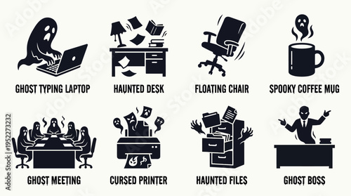 Haunted Office Vector Icon Set – Creepy Vectors Featuring Ghost Typing, Floating Chairs, Spooky Coffee Mugs, Cursed Printers, Haunted Files, and Phantom Meetings