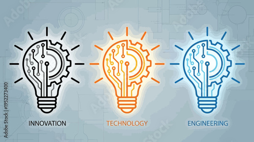 Stylized light bulb icons with circuit patterns, representing innovation, technology, and engineering concepts, modern science progress and creative solutions.