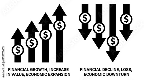 Financial growth and decline arrows, economic expansion versus downturn, business success and loss, investment trends, money value representation graphic.
