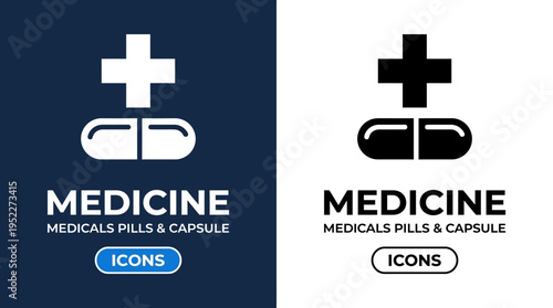Medical cross with capsule icon, healthcare branding design, pharmaceutical identity symbol, modern medicine logo, professional pills and capsule representation.
