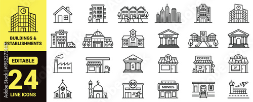 Buildings and establishments icon set featuring houses, apartments, offices, schools, hospitals, banks, restaurants, religious sites, airports, and high‑ranking urban design elements