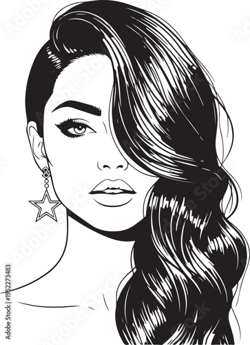 Hand-drawn girl with silky hair and luxurious eye with perfectly shaped eyebrows and full lashes. Idea for business visit card, typography vector. Perfect salon look