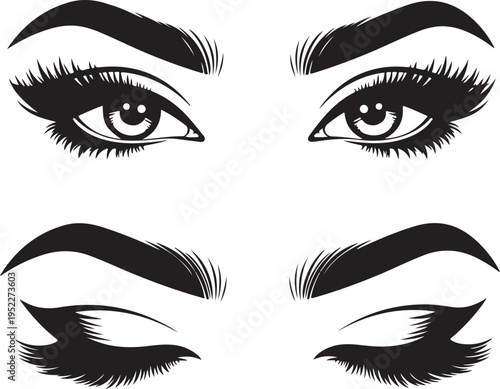 , Hand-drawn woman's sexy makeup look with perfectly perfectly shaped eyebrows and extra full lashes. Idea for business visit card, typography vector.Perfect salon look 2