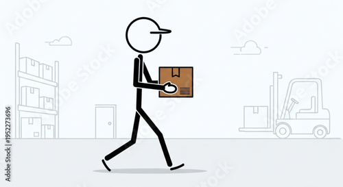 Stick figure delivery person carrying a package in a warehouse setting.