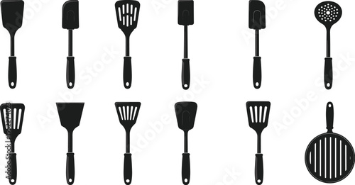 Kitchen Utensil Silhouette Icon Set with Spatula Turner Skimmer and Cooking Tools for Food Preparation and Culinary Use Isolated on White Background