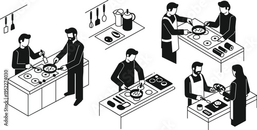 People Cooking in Kitchen Isometric Illustration Set with Men Preparing Food Using Stove and Utensils in Modern Home Culinary Scenes Isolated on White Background
