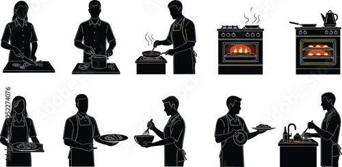 Cooking People Silhouette Set with Chefs Preparing Food Using Oven Stove and Kitchen Tools in Professional Culinary Scenes Isolated on White Background