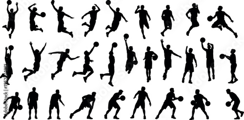 Basketball action silhouettes mega set, athletic players dribbling jumping shooting and running in dynamic sport poses isolated on white background, competition training and fitness concept