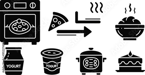 Cooking and Food Silhouette Icon Set with Oven Pizza Yogurt Rice Cooker and Dessert Elements for Kitchen and Meal Preparation Isolated on White Background