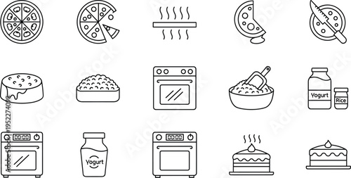 Food and Cooking Outline Icon Set with Pizza Oven Rice Yogurt Cake and Kitchen Elements in Minimal Line Style Isolated on White Background