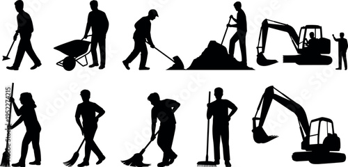 Construction worker silhouettes collection set, builders digging sweeping and operating excavator machines in industrial job poses isolated on white background, labor profession and engineering 
